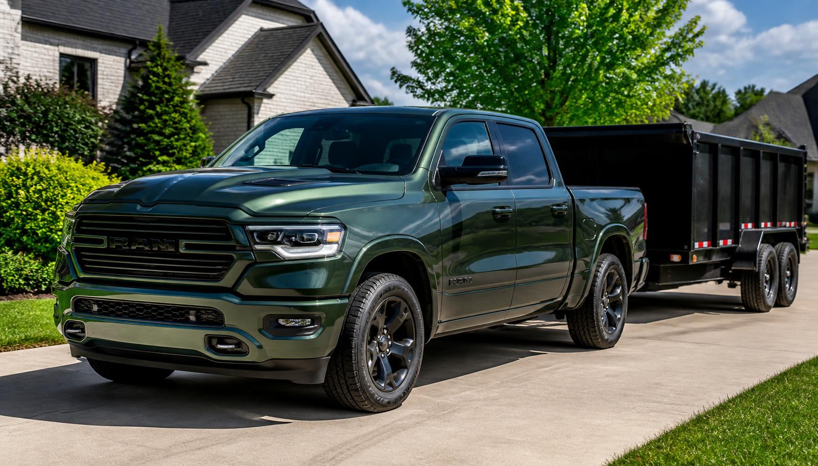 Green 2021 Ram 1500 with trailer for Royal Kennedy's Junk Removal